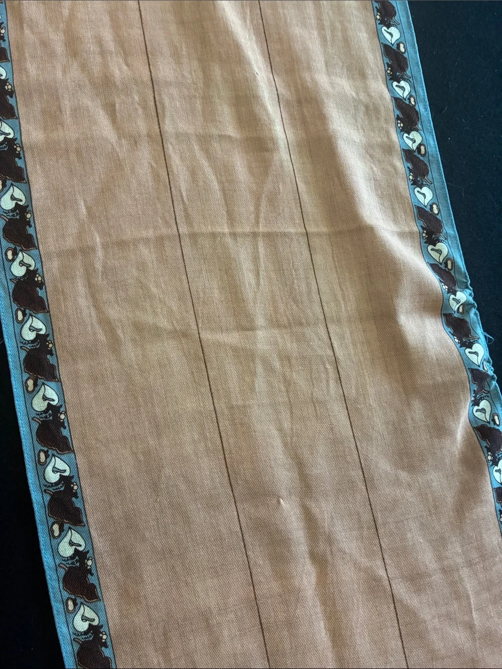 Vintage Long Linen Brown and Blue Bird Motif Scarf